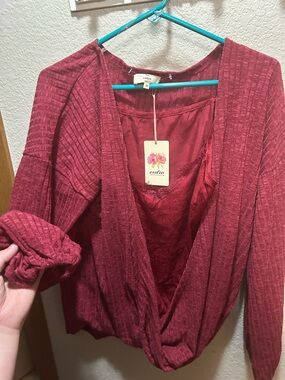 entro Ribbed Wrap Blouse in Deep Red Wine